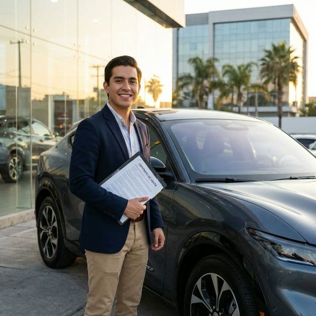 Cliente feliz con su auto nuevo y documentos verificados